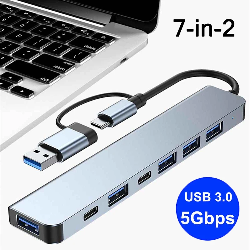 7 Ports USB3.0 Type C Hub 7 in 2 Concentrator Docking Station U Disk Card Reader PD Fast Charge for MacBook Laptops PC Computer