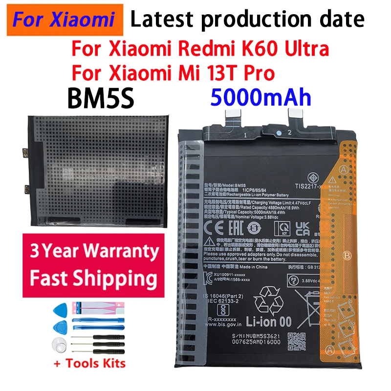 NEW BM5S 5000mAh Phone Replacement Battery For Xiaomi K60 Ultra / Mi 13T Pro Batteries Bateria Batterij+Tools