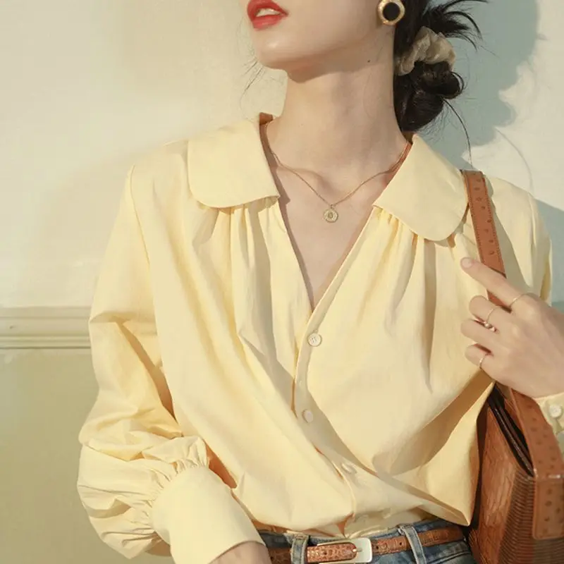 Spring Woman\'s Shirt Elegant French Retro Style Well-designed Flare Sleeve Top Loose All-match Bright Feminine Lively Grace Chic