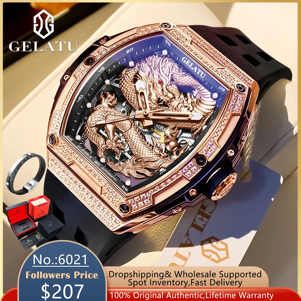 GELATU Man Watch High-end Luxury Silicone Strap Tonneau Men\'s Watches Diamond Bezel Hollow Out Automatic Mechanical Dragon Watch