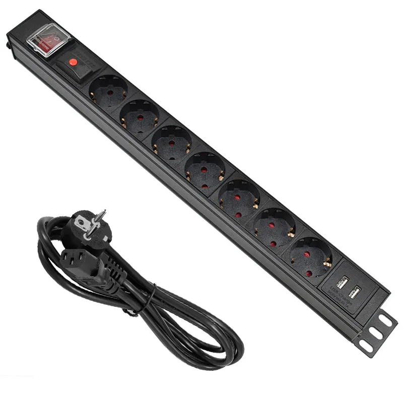 

Aluminum alloy 7 Ways PDU Power Strip EU Power Strip Socket with IEC-C14 Port Outlet extend with 2 USB Overload protection