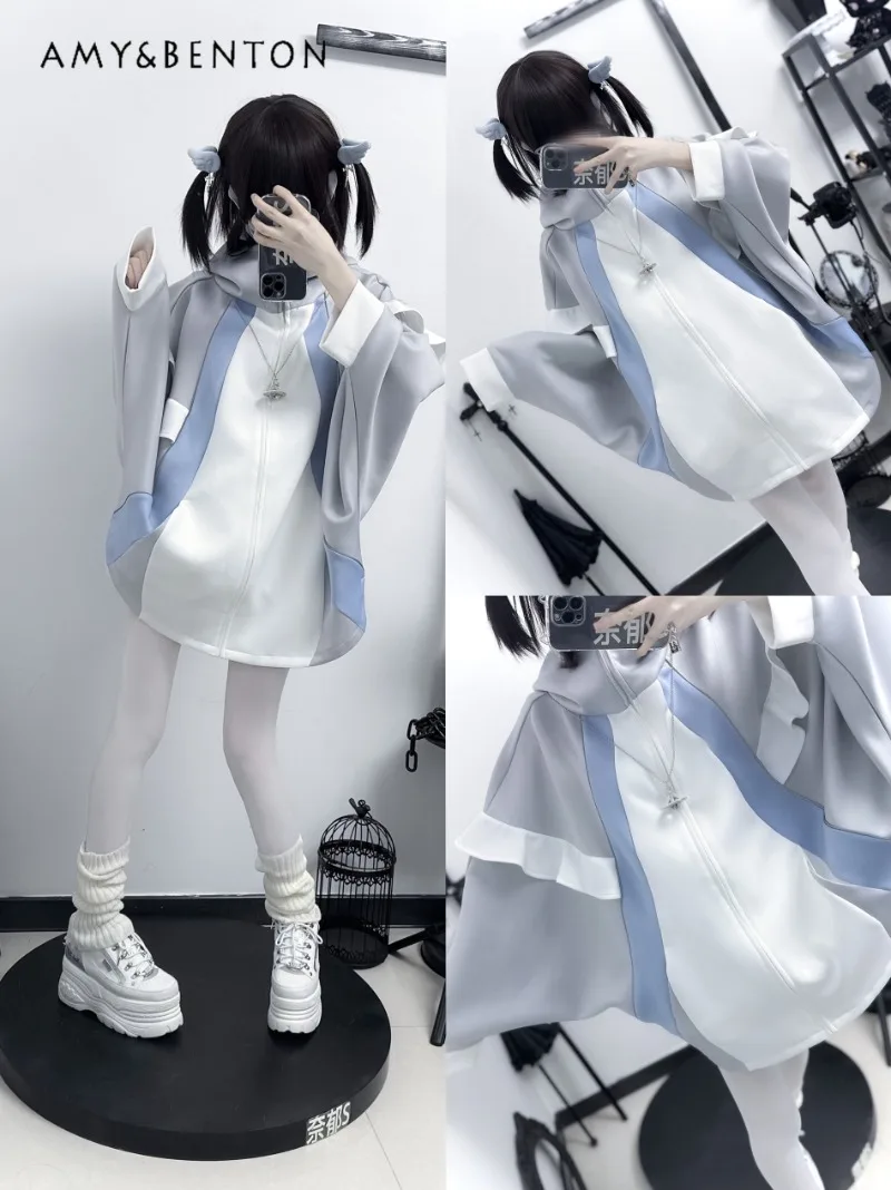 

Original Design Japanese Bat Sleeve Water Color System Subculture Hooded Jacket Goth Punk Style Splicing Color Loose Coat Women