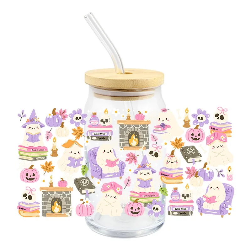 3D UV DTF Transfers Stickers 16oz Cup Wraps Halloween Spooky Books Printed For DIY Glass Pumpkin Decals DIY