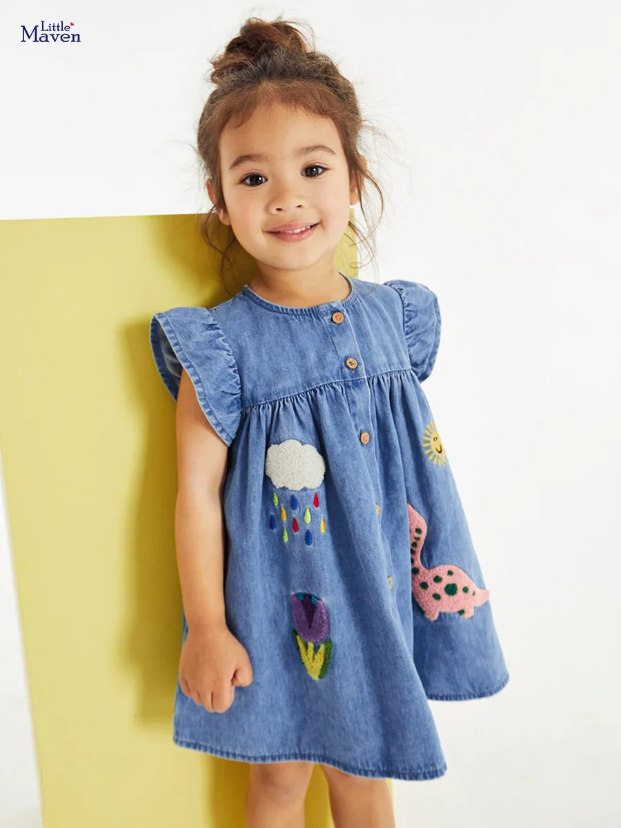 

European And American Style Girls Short-sleeved Denim Skirt Summer Children Applique Embroidery Cartoon Fashion Dress 2-7Y