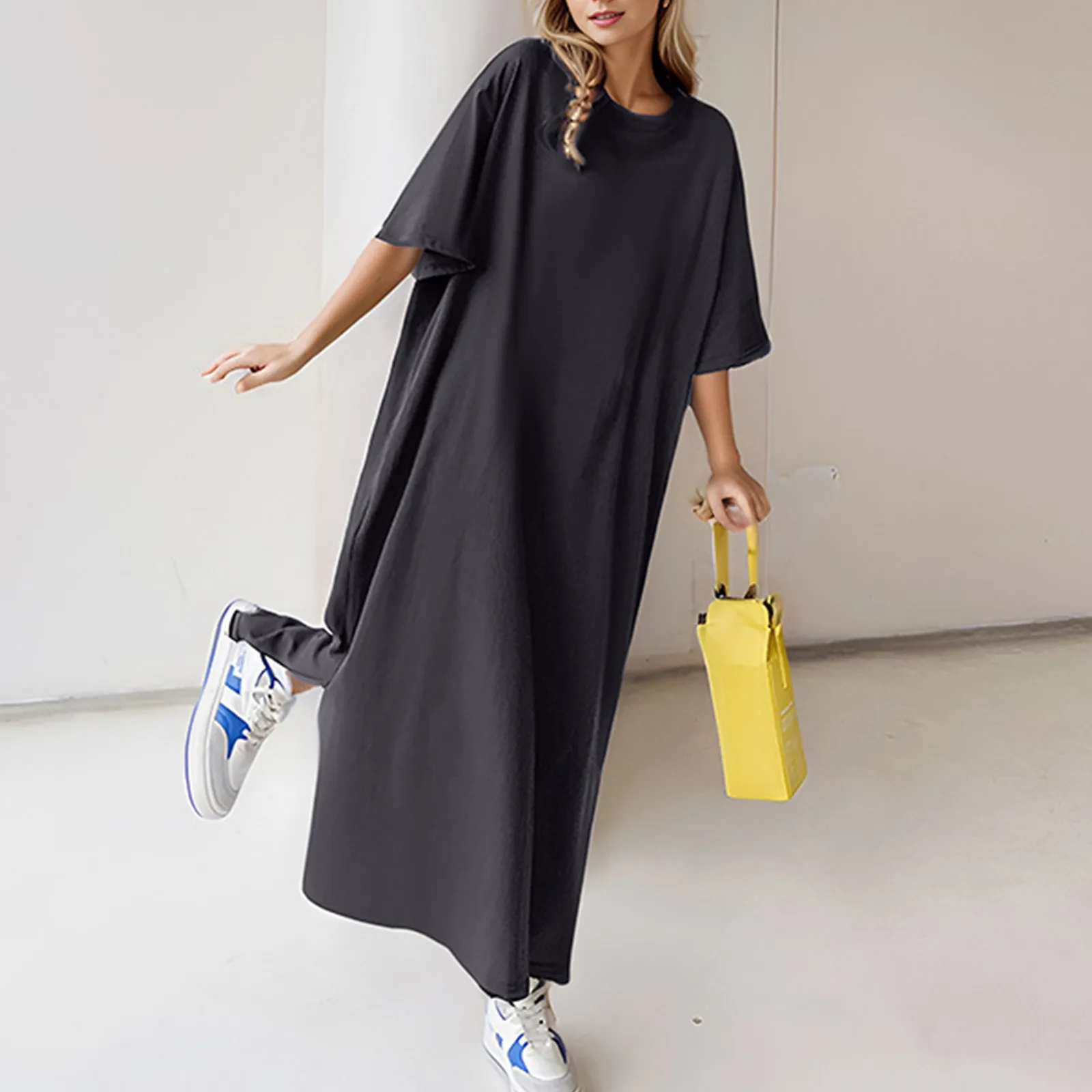 Oversize Loose Long T-Shirts Dress Solid Color Short Sleeve O-Neck Maxi Dresses 2024 Summer Casual Robe Women Homewear Pajamas