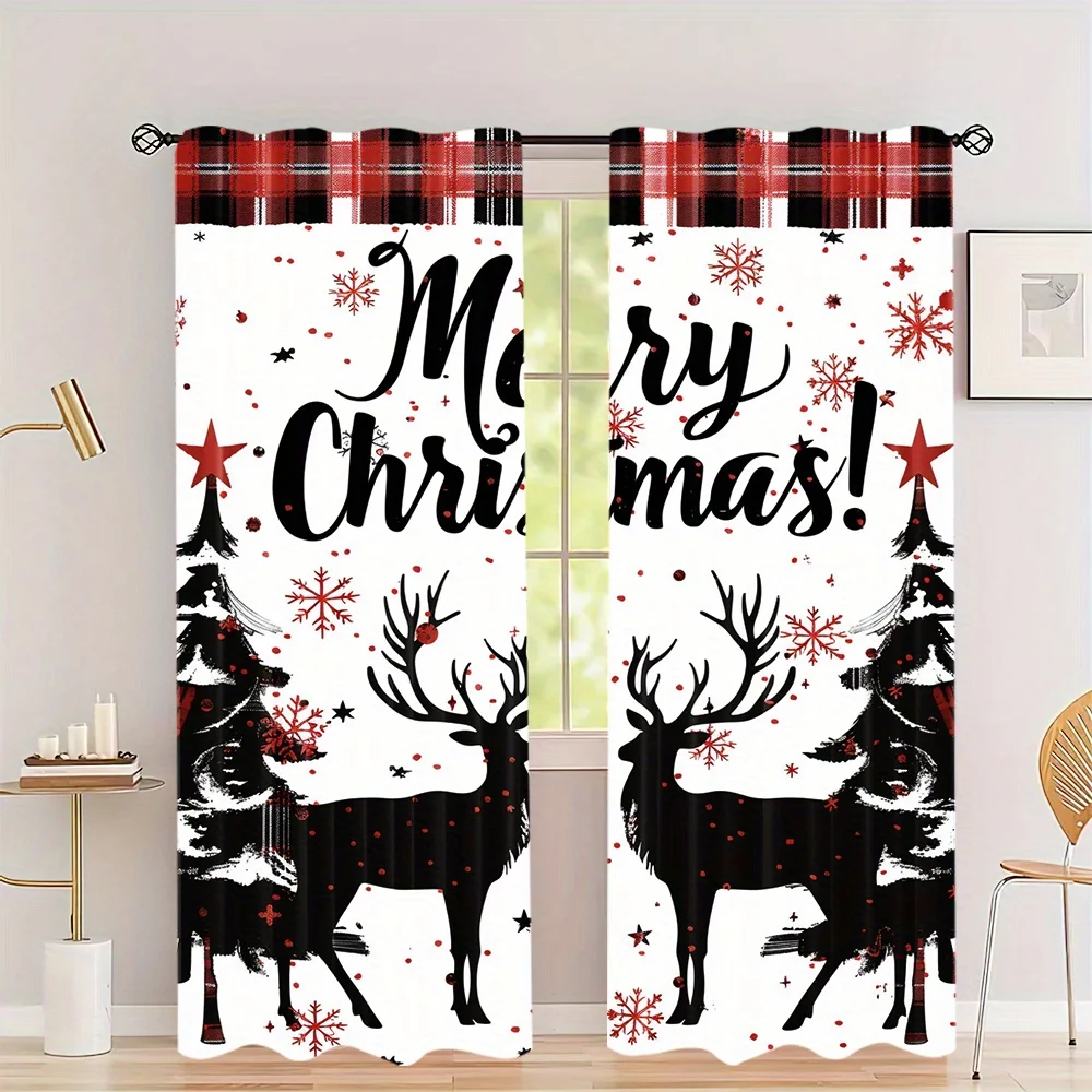 

2pcs Set Cartoon Santa Snowman Christmas Curtains Semi-Blackout Heat Insulation Rod Pocket Design for Room Bedroom Living Room