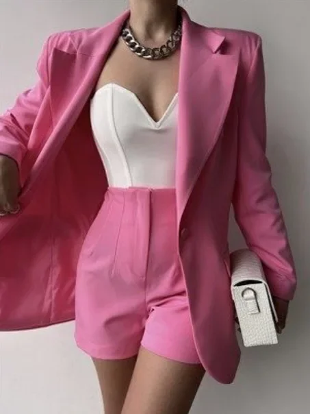 

Vintage Blazer Suit for Women Fashion Streetwear Shorts Matching Two 2 Piece Set Outfit 2024 OL Work New Tracksuit