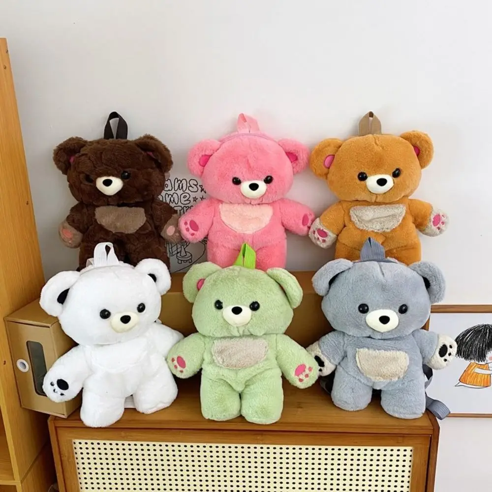 Sweet Multicolour Plush Bear Backpack Cony Hair 3D Plush Shoulders Bag Plush Doll Creative Bear Animal Bag Kids