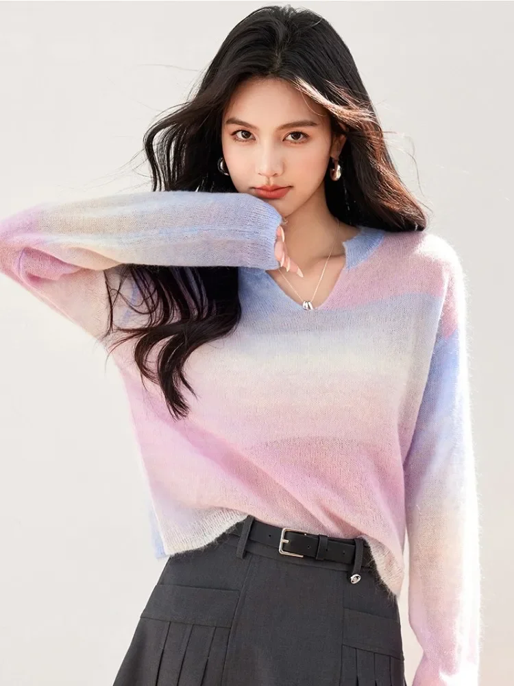 

High Quality Mohair Blend Gradient Sweater For Women 2024 New Mint Wave Loose Lazy Wool Knit Sweater