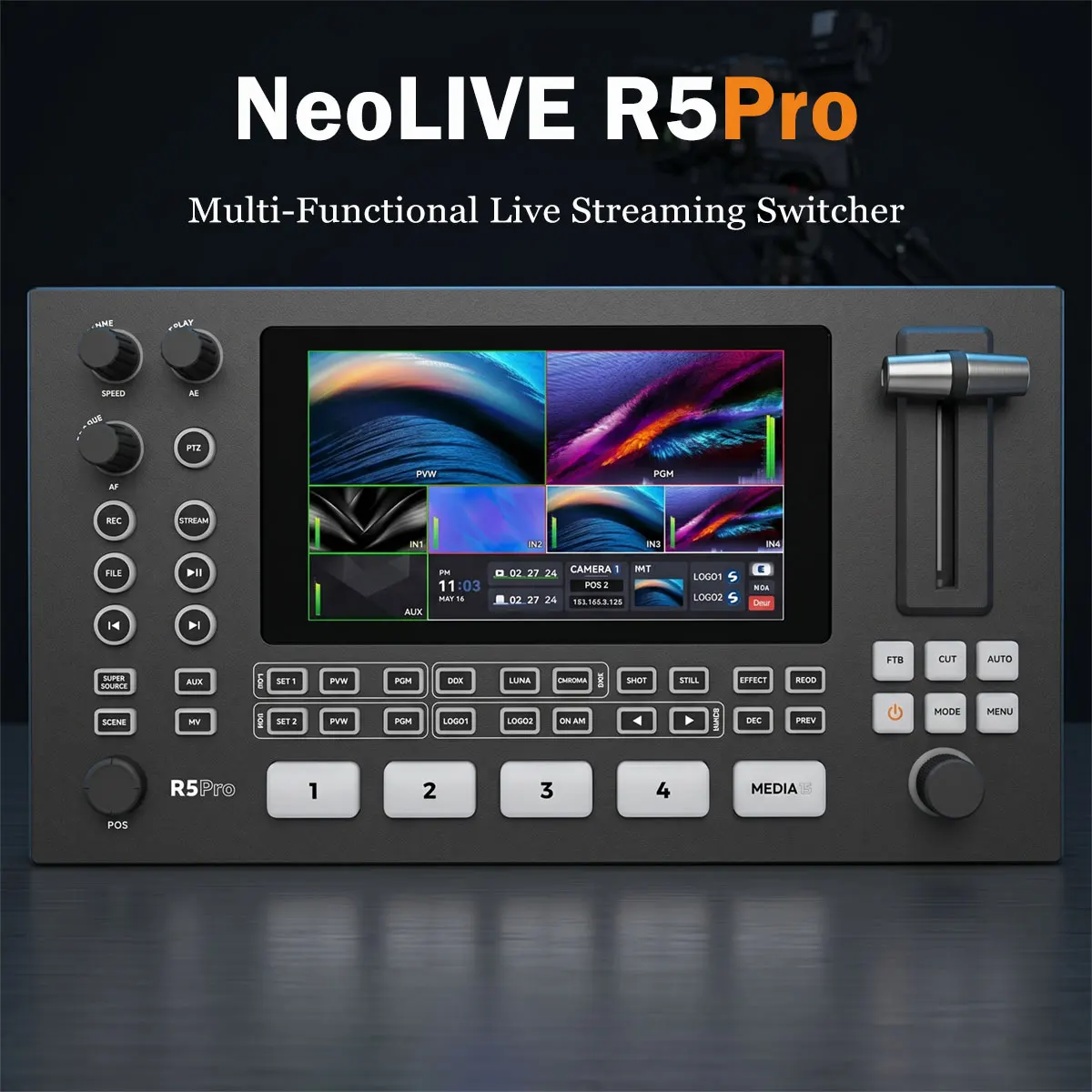 SPROLINK NeoLIVE R5PRO Multi-function Video Switcher Support One-Click SUPER SOURCE source output with Built in UVC Media Player