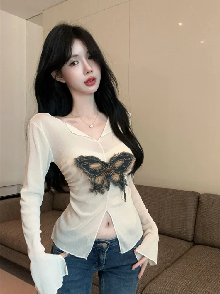 

Retro Knot Sexy Slit Crop Top Women's Elegant Long Sleeve Thin Mesh Patchwork Shirt Sweet Style Slim Fit Autumn Wear