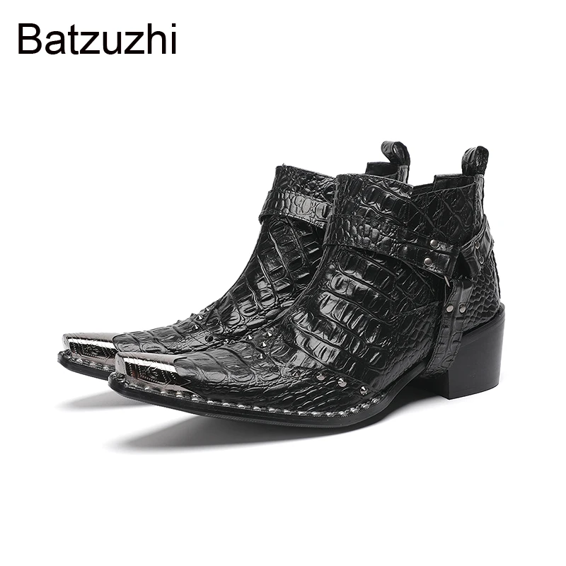 

Batzuzhi Desinger's Shoes Boots Man with Metal Toe Black Genuine Leather Ankle Boots Man 6.5cm Heels Fashion Cowboy, Party Boots