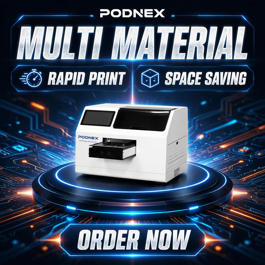 PodNEX A3 DX7 New Automatic CMYK UV Inkjet Heat Transfer All-In-One Flatbed Printer 2400 DPI Android Control Flex Phone/AirPods