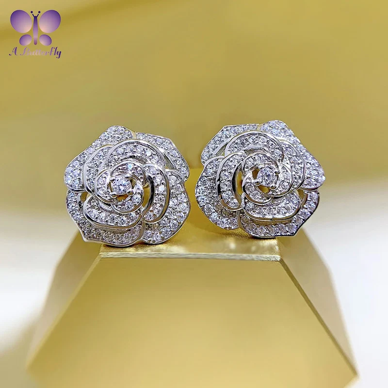 

AButterfly 100% 925 Sterling Silver Camellia Rose Earrings High Carbon Simulated Diamond Party Fine Jewelry Good Quality