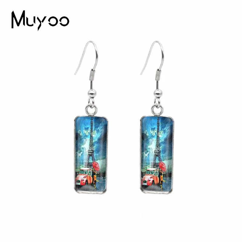 2023 New Fashion Landscape Painting Paris Tower Architecture Handmade Rectangle Glass Dangles Jewelry Fish Hook Earrings