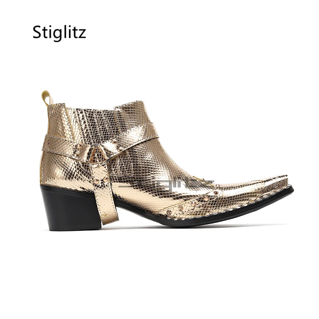 High Heels Men's Gold Chelsea Boots Metal Pointed Toe Rivets Genuine Leather Ankle Boots Party Slip On Dress Wedding Shoes