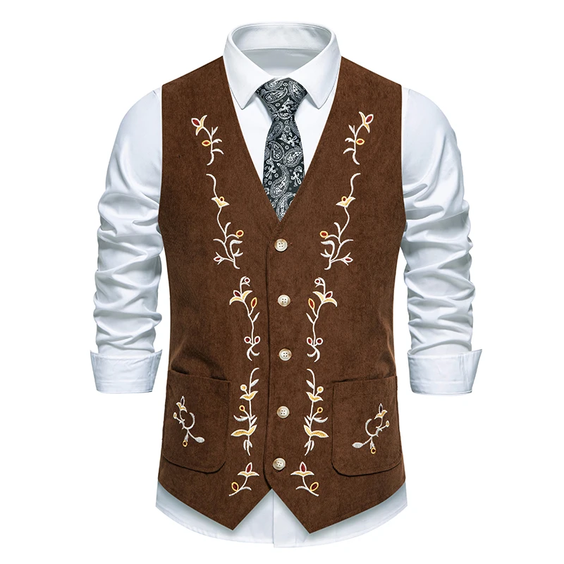 2025 Gilet di velluto a coste occidentale per uomo Gilet gotico Ricamo floreale Chaleco Vintage Hombre Steampunk Abito vittoriano Abito da uomo
