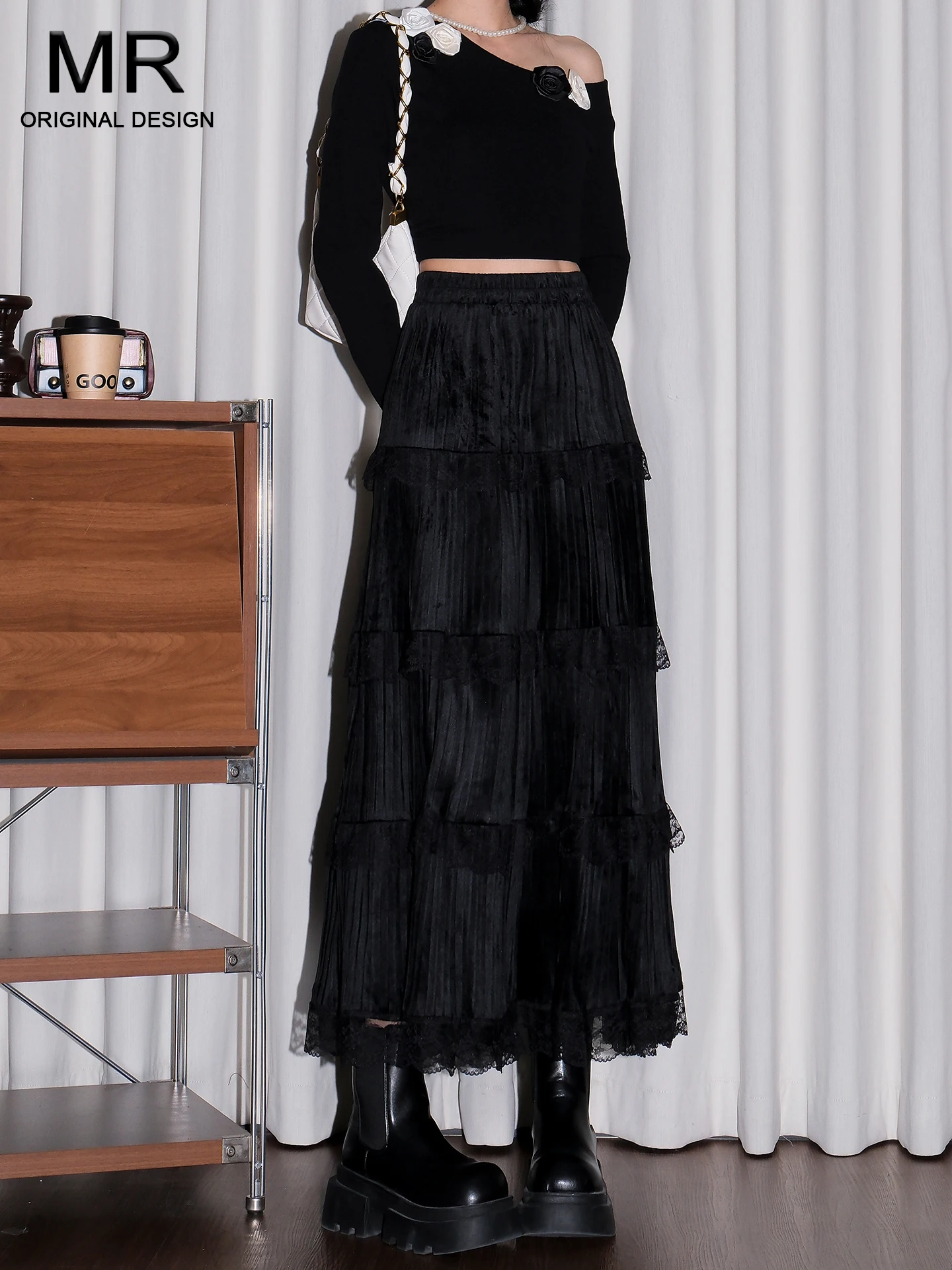 

Черная кружевная юбка миди с вставками, женская летняя юбка А-силуэта с эластичной талией, утягивающая, повседневная, стандартный крой