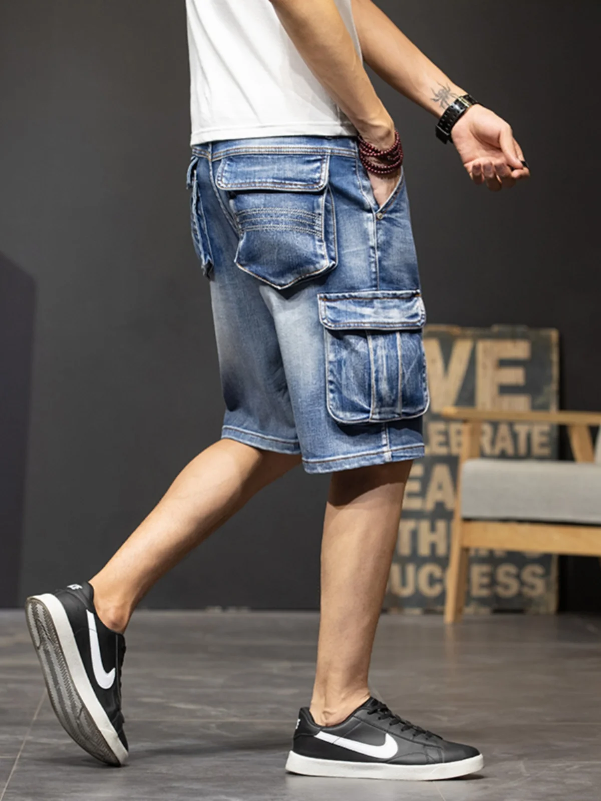 

Summer Thin Loose Men's Denim orts with Multiple kets Trendy Brand Cotton Polyester Blend Youth Faion Workwear Jeans