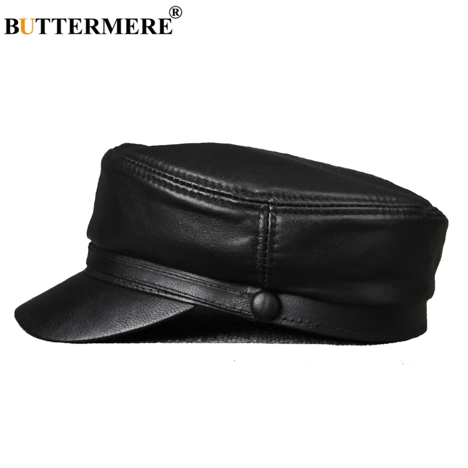 BUTTERMERE Leather Military Caps For Men Black Casual Flat Caps Army Women Genuine Leather Vintage Autumn Winter Military Hats