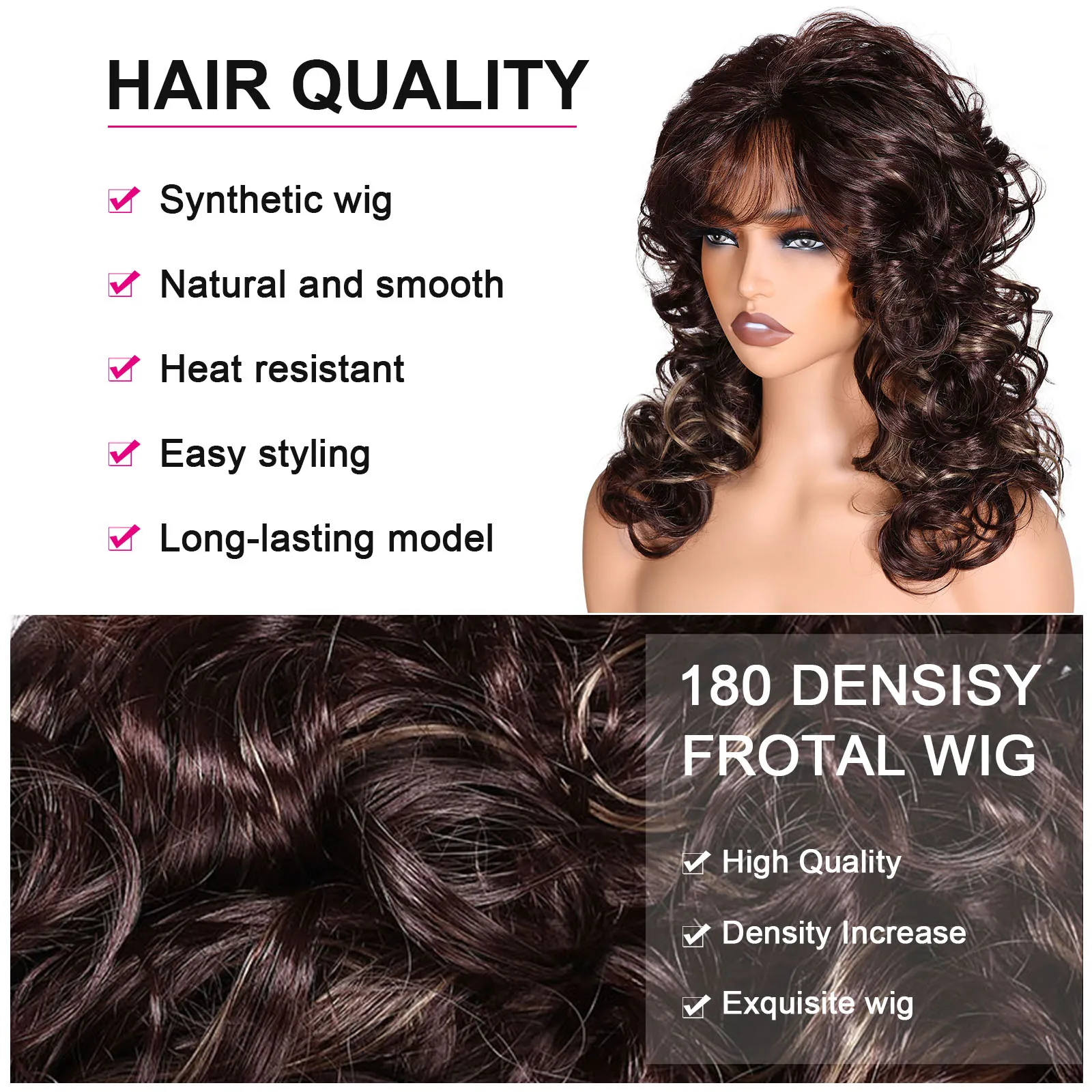 BCHR Long Curly Wavy Dark Brown Wigs with Bangs for Women Natural Looking Heat Resistant Synthetic Wigs