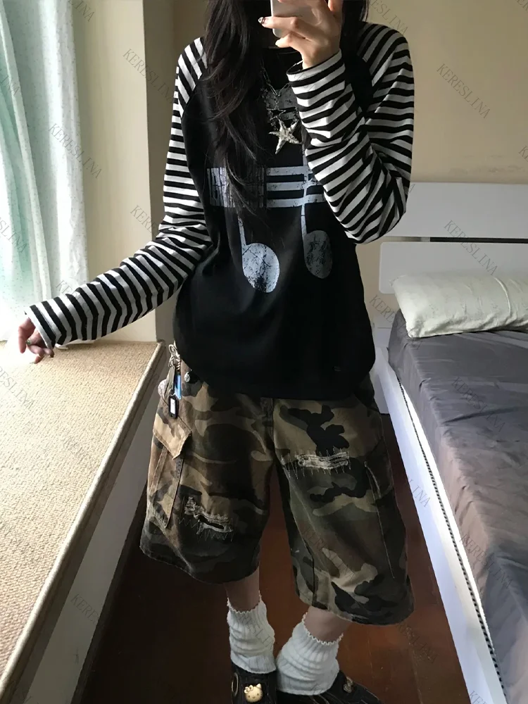 

Korean-style Harajuku aesthetic women's long-sleeved Y2K Vintage geometric print fashion hip-hop rock slim 2000S women's top emo