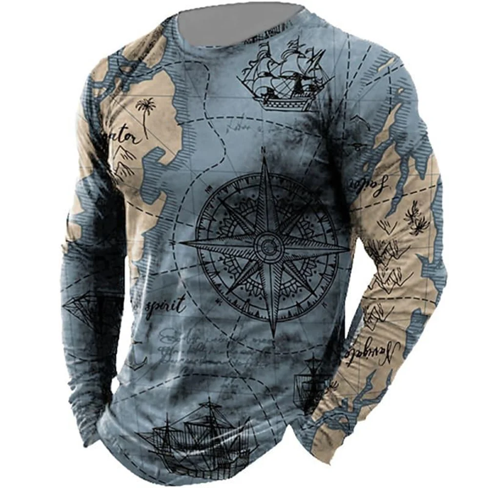 Vintage Print Long Sleeve T-shirt 3d T Shirt Compass Long Sleeve Casual O-Neck Shirt Oversized Tops Tee Shirt Man Clothes