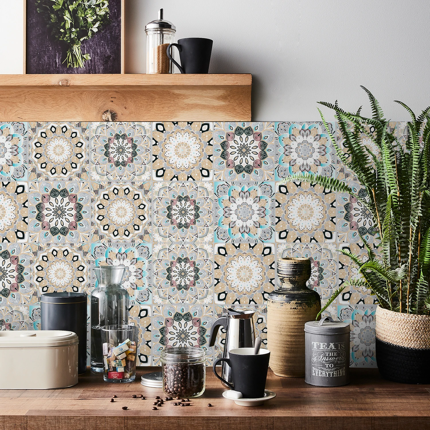 24 pcs/pack, European Style Mandala PVC Self-adhesive Tile Stickers - Waterproof, Oil-Proof, Easy to Clean for Home Decoration