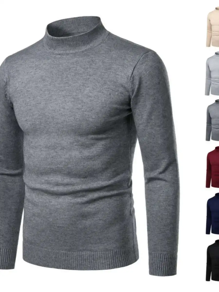 黒のスリムフィットメンズニットセーター、トレンディな秋冬ファッション、オーバーヘッドプルオーバー、韓国スタイル、カジュアルユースニットウェア