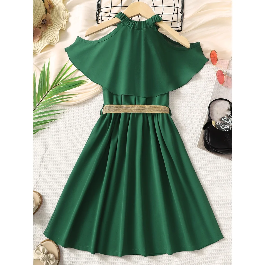 8-12 Years Children Girl Princess Dress Off Shoulder Green Dress with Belt for Kid Girl Summer School Daily Casual A-line Outfit