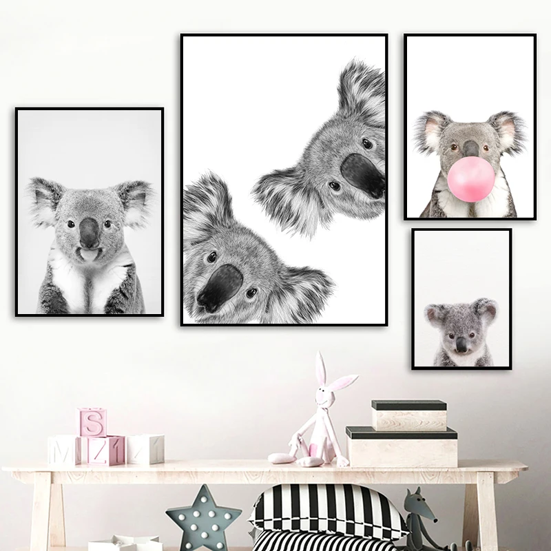 Cuadro en lienzo con estampado de Koala en blanco y negro, fotografía de vida silvestre, póster de animales australianos, decoración artística para pared de guardería