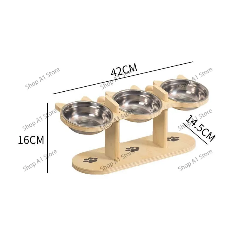 Wooden Pet Feeder, Tilted Non-Slip Neck Protective Pet Bowl Stand, Adjustable Raised Cat Bowl Holder
