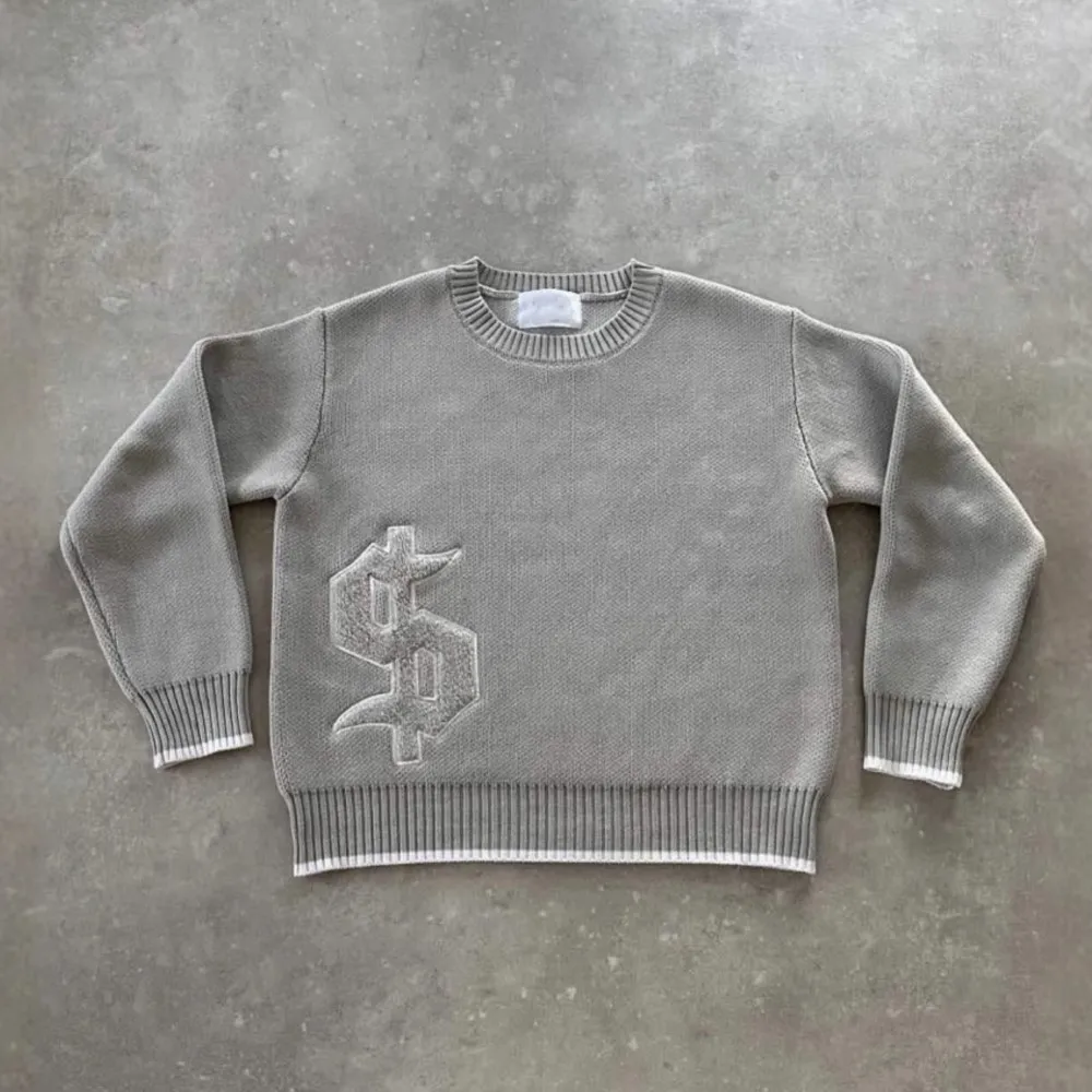 

Y2K Grey Knit Long Sleeve Sweater Dollar Goth Embroidery Pullover Women Retro Casual Streetwear Old Money Men Clothes Unisex Top