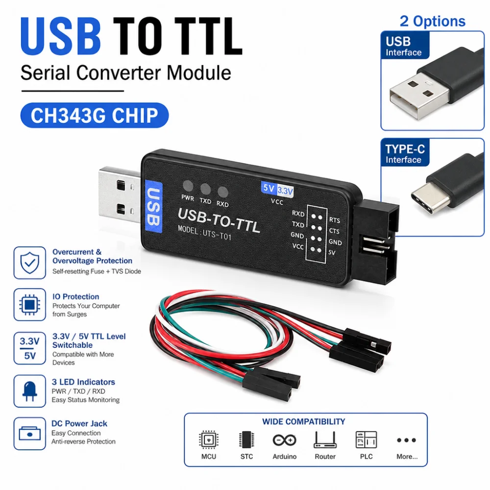 Convertisseur série USB vers TTL, débogage, Module de téléchargement, puce CH343G, Interface USB/USB-TYPE-C