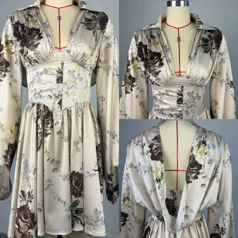 

Elegant Printed V-Neck Dress High-Waist Satin Dress With Puff Sleeves Vintage Women Slim-Fit Short Dress Pleated Backless Dress