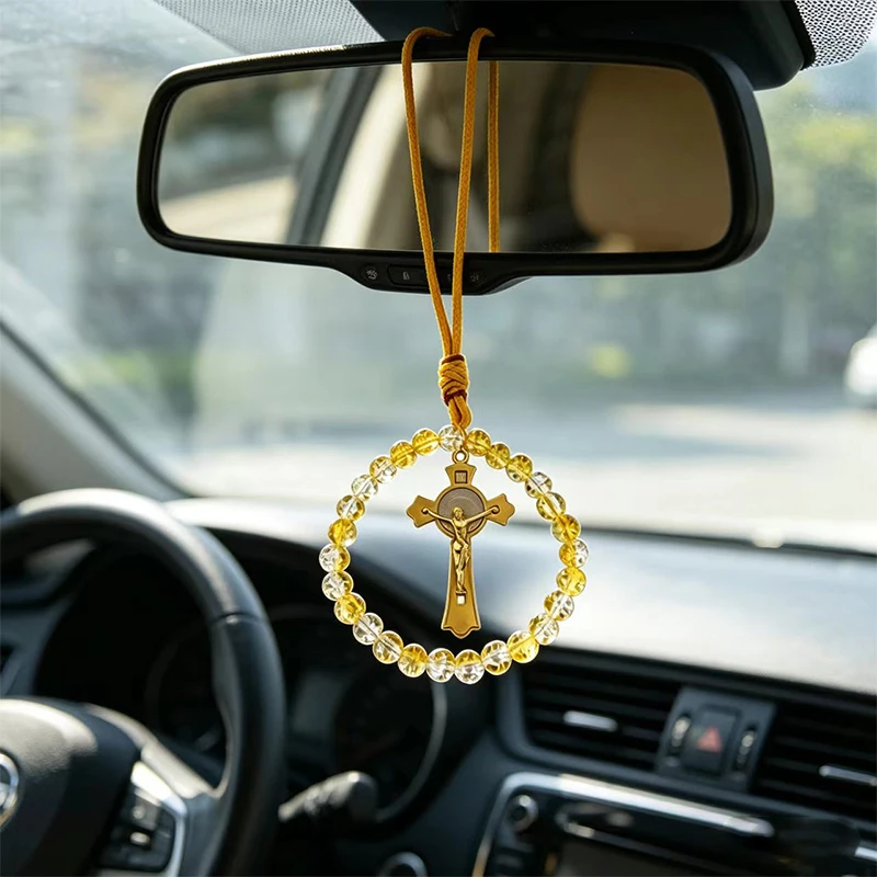 

New Orthodox Catholic Car Rosary with Clear Glass Beads Crucifix Pendant for Auto Interior Home Altar Christian Religious Gift