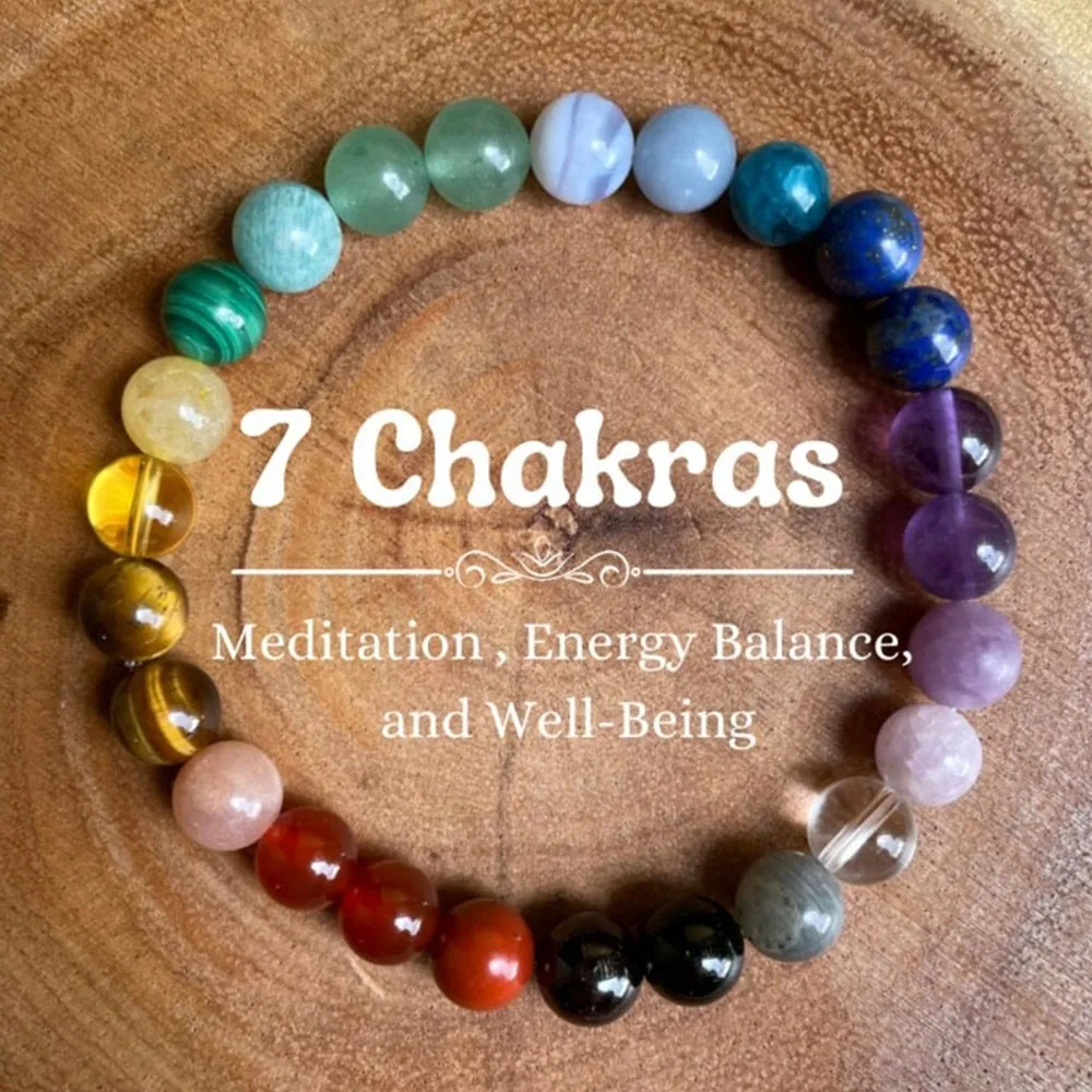 Rainbow Color Bohemian Natural Stone Tiger Eye Seven Chakra Yoga Bracelet Buddhist Prayer Beads Handmade