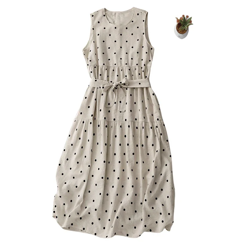 2025 新しい夏のヴィンテージ水玉ドレス女性の韓国のファッションルーズカジュアルロングビッグスイングノースリーブ女性のベストドレス