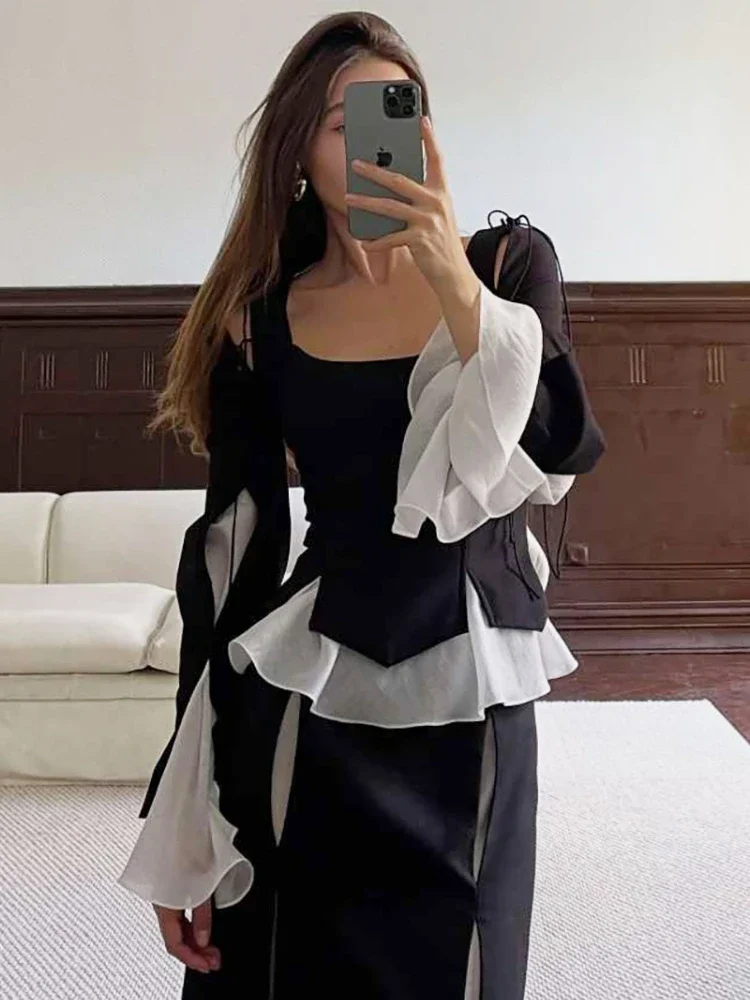 

Fashion Lace-Up Hollow Out Mesh Top For Women Flared Sleeves Casual Patchwork Solid Slim Autumn 2025 New Pullover Y2K Top