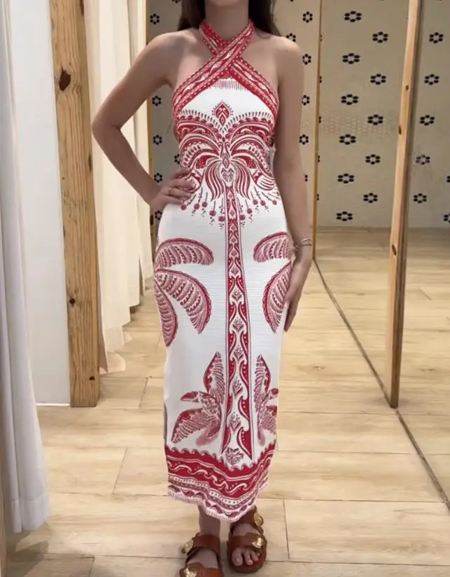 

Womens Dresses 2025 Summer New Fashion Tropical Print Halter Sleeveless Sexy Backless Slim Fit A-Line Casual Vacation Long Dress