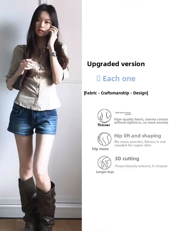 Retro American Deep Blue Denim Shorts Women's Summer New Style Slimming Low Waist Elastic Bodycon Hot Pants Cotton Polyester ...