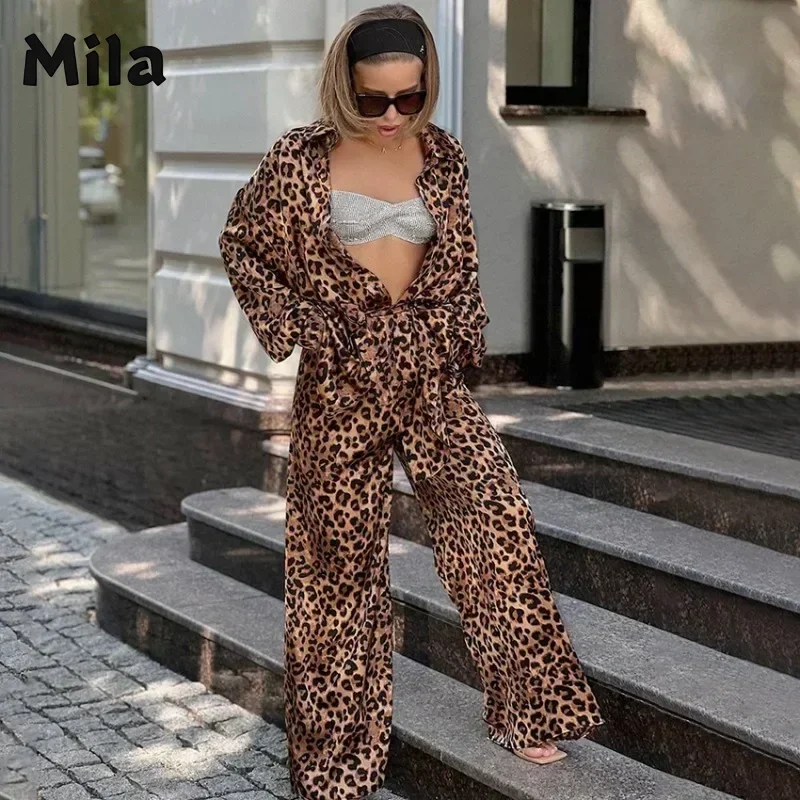 

2024 Street Fashion Leopard Print Suit Loose Long Sleeve Shirt Ensemble 2piece Femme Women's Clothing Set Pant Sets Piece Outfit