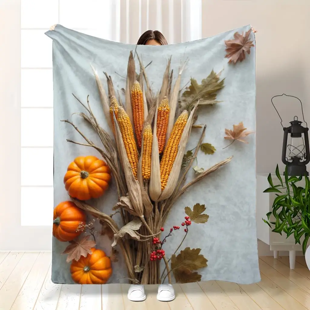 Autumn Fall Harvest Pumpkin Corn Stalk Print Decorative Cozy Throw Blanket for Seasonal Decor Autumn Living Room Couch Throw