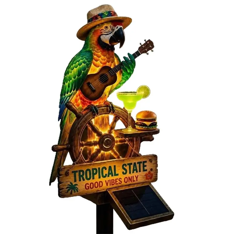 Cost Effective Solar-Powered 20Cm Guitar Parrot Animal Statue Night Light For Outdoor Decoration Party Scene Style Ornament