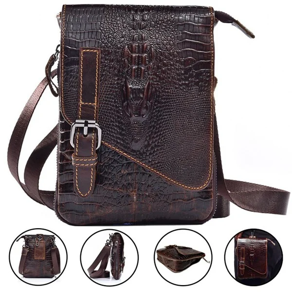 Retro Men's Cowhide Shoulder Bag Crocodile Pattern Crossbody Bag Multifunctional Bum Bag Business Bag