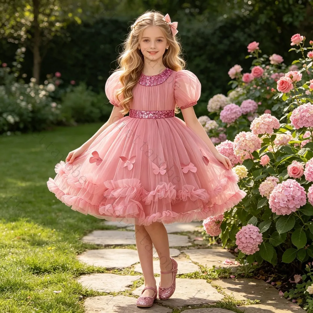 Customized Pink Sequin Tulle Girls Dress 2026 Butterfly Applique Puff Sleeve Gown for Wedding Baptism First Communion Party