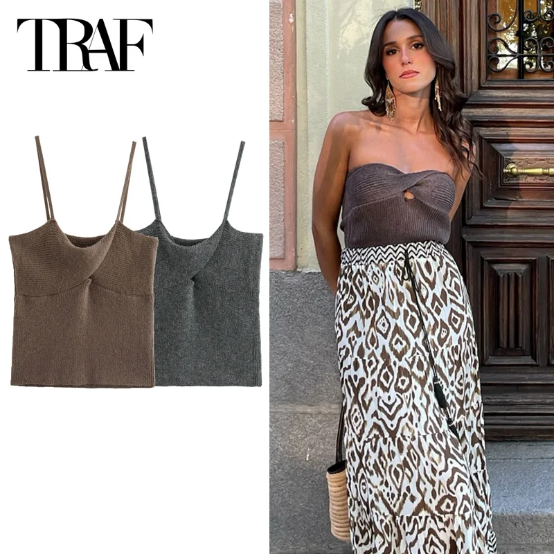 

TRAF Cropped Slip Top Tanks&Camis 2024 Top Women Summer Ladies Fashion Casual Elegant Brown Black Sleeveless Backless Slip Tops