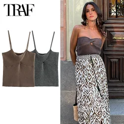 TRAF Cropped Slip Top Tanks & Camis 2024 Top Women Summer Ladies Fashion Casual Elegant Brown Black Sleeveless Backless Slip Tops