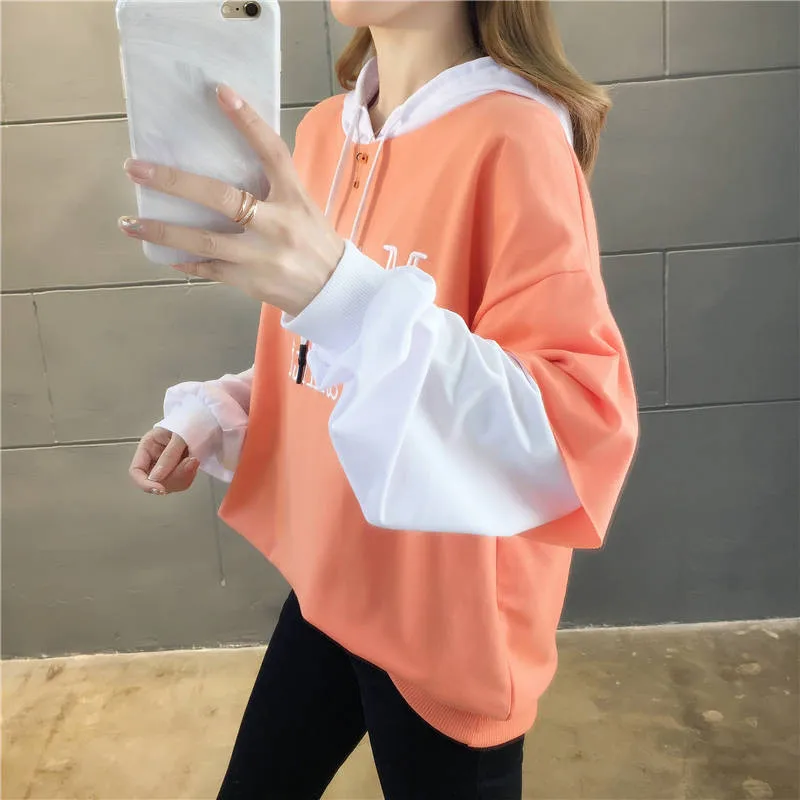 Harajuku Japanese Sweatshirt Women Clothes Autumn Orange Hoodies Patchwork Long Sleeve Pullover Loose Jumper Hoodie Females