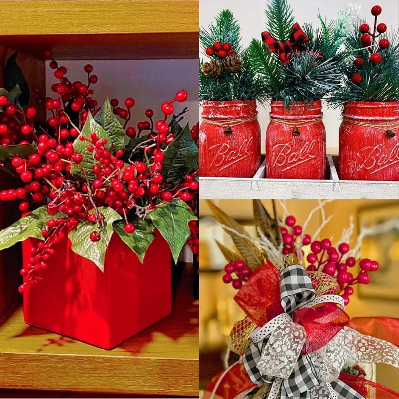 Simulation Red Berry Artificial Christmas Wealth Fruit Branches for Xmas Tree Party Home Table Ornaments Red Fruit Wreath Decor
